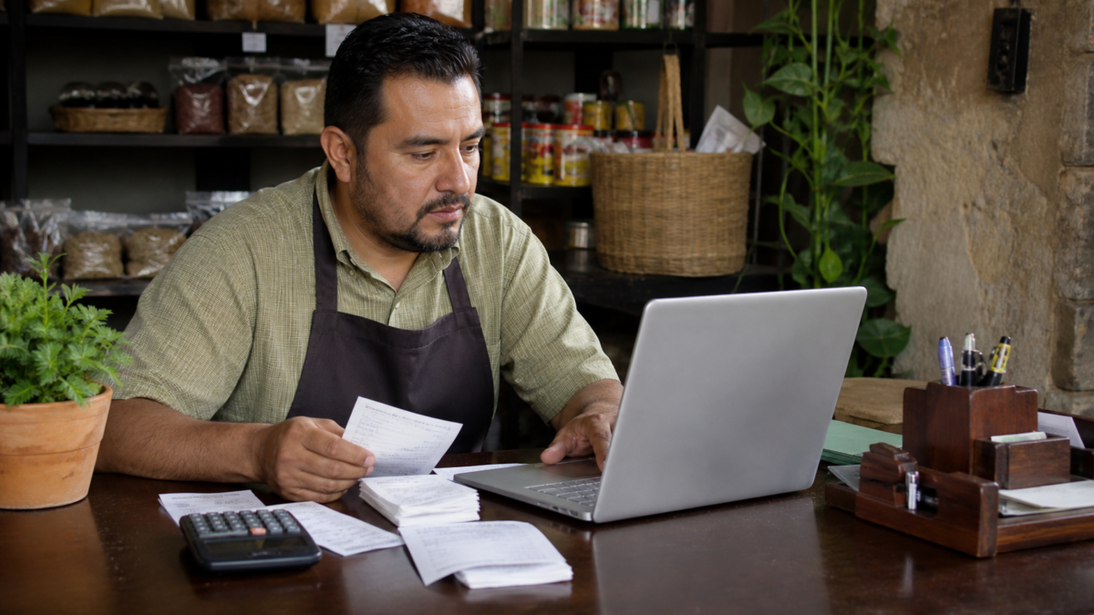 Comerciante revisa una factura electrónica y archivos digitales en una computadora