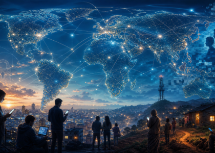 Red digital global que representa conexión, privacidad y brecha de acceso
