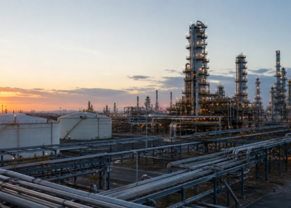 Complejo de refinación con tanques y tuberías industriales para ilustrar el desempeño operativo de PEMEX