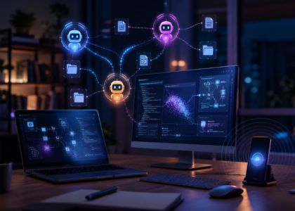 Asistentes de voz y agentes de inteligencia artificial coordinando tareas en una computadora
