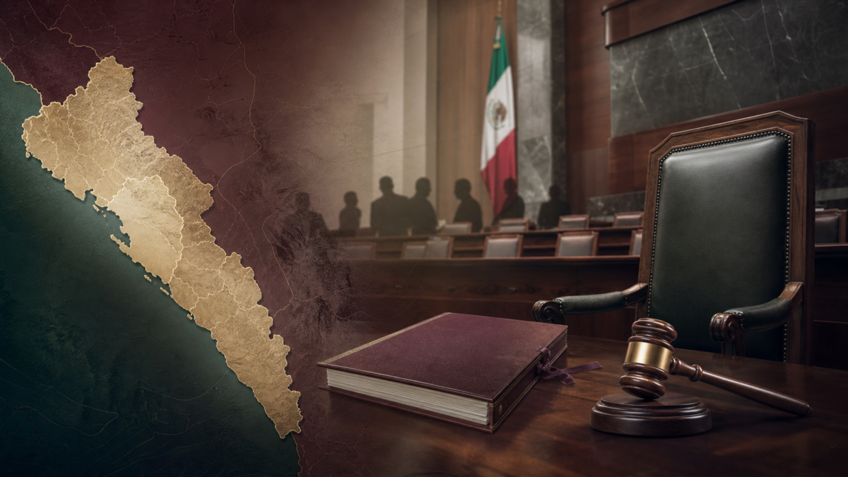 Mapa de Sinaloa, silla vacía y mazo legislativo simbolizan el proceso para nombrar gobernador interino