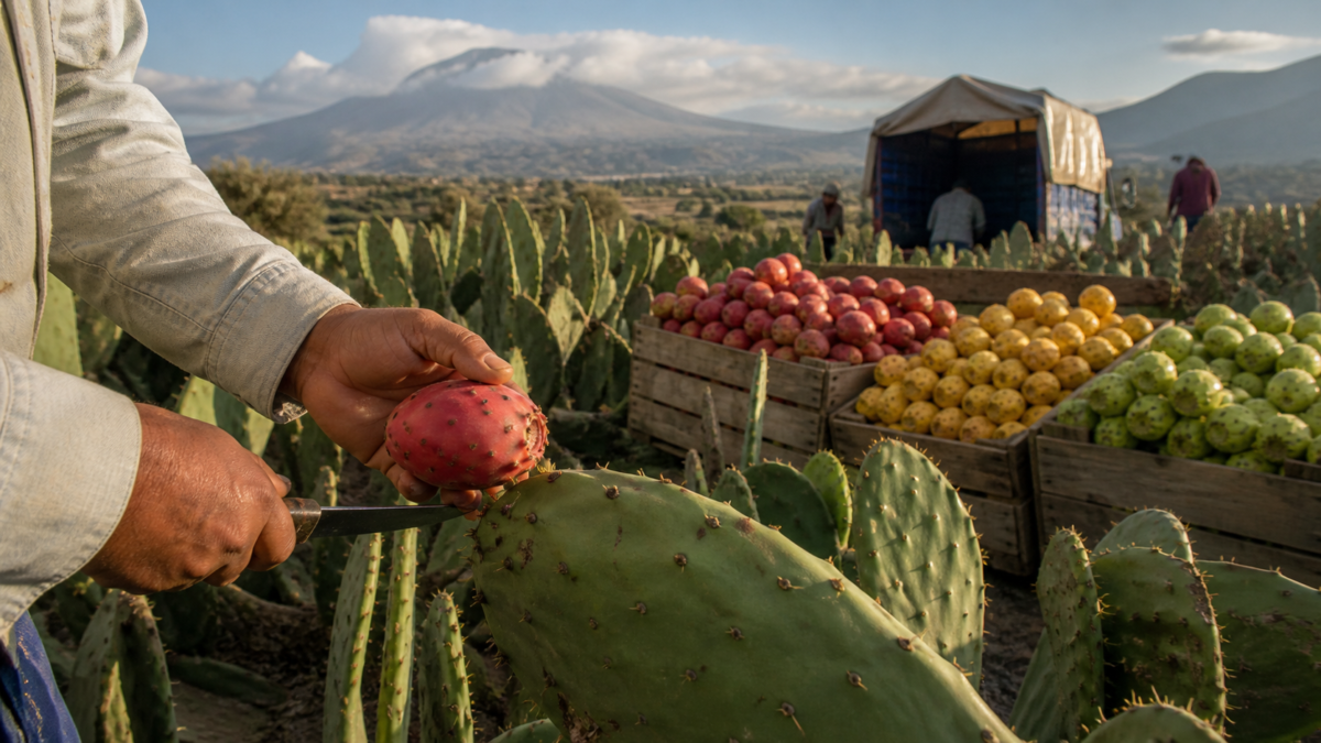 Productora a punto de cortar una tuna roja de un nopal en un campo del centro de México, con cajas de tunas verdes y amarillas y paisaje volcánico al fondo.