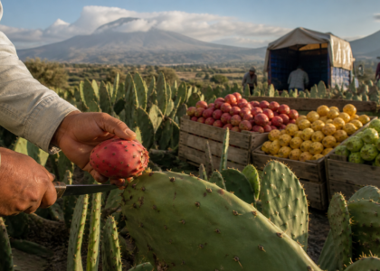 Productora a punto de cortar una tuna roja de un nopal en un campo del centro de México, con cajas de tunas verdes y amarillas y paisaje volcánico al fondo.