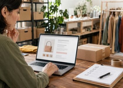Persona revisa una tienda en línea con precio, entrega y política de devolución visibles
