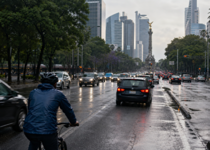 Tráfico matutino en una avenida de Ciudad de México bajo cielo nublado y pavimento húmedo.