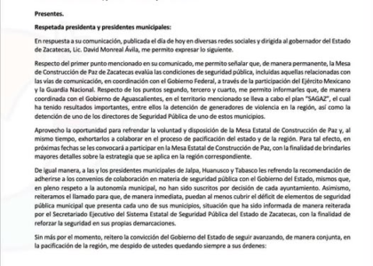 Carta del secretario general de Gobierno de Zacatecas dirigida a presidentes municipales sobre coordinación y seguridad pública