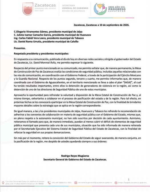 Carta del secretario general de Gobierno de Zacatecas dirigida a presidentes municipales sobre coordinación y seguridad pública