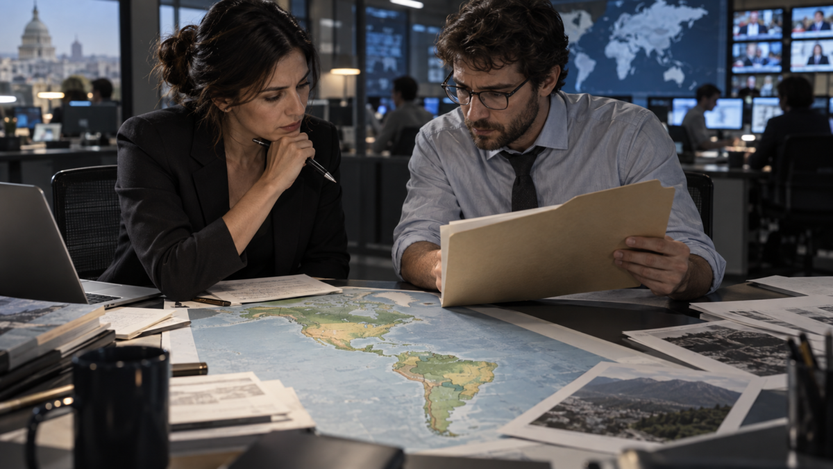 Investigadores revisan documentos y un mapa de América, ilustración de análisis de política internacional
