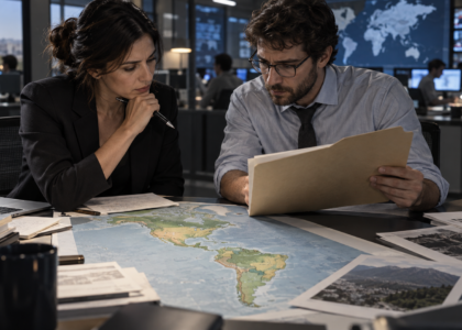 Investigadores revisan documentos y un mapa de América, ilustración de análisis de política internacional