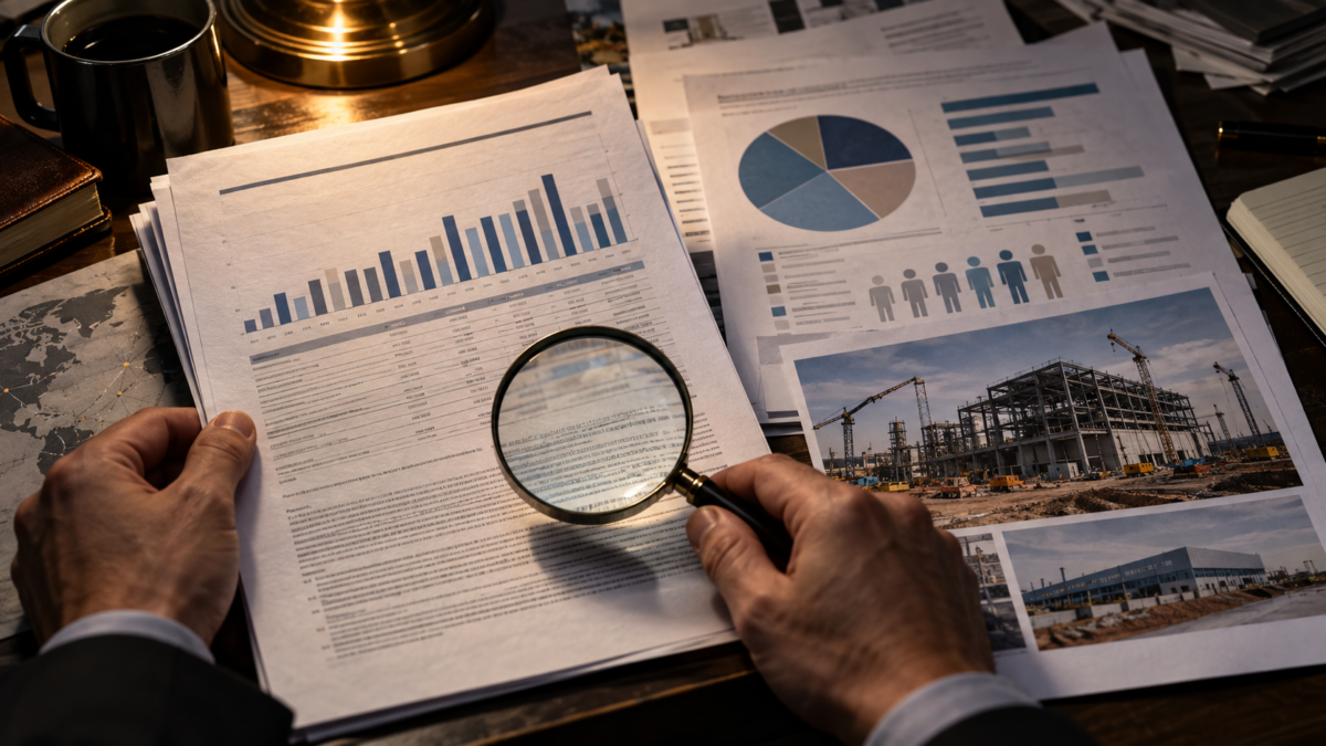 Manos revisan reportes empresariales y gráficos con una lupa, imagen ilustrativa