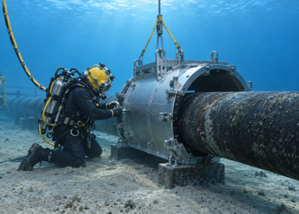 Buzo técnico trabaja junto a un ducto marino durante una operación de reparación submarina