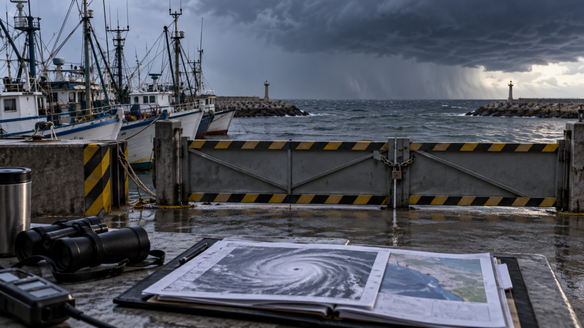 Ilustración editorial de un puerto asegurado y documentos meteorológicos; no representa un puerto real durante Polo.