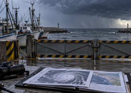 Ilustración editorial de un puerto asegurado y documentos meteorológicos; no representa un puerto real durante Polo.