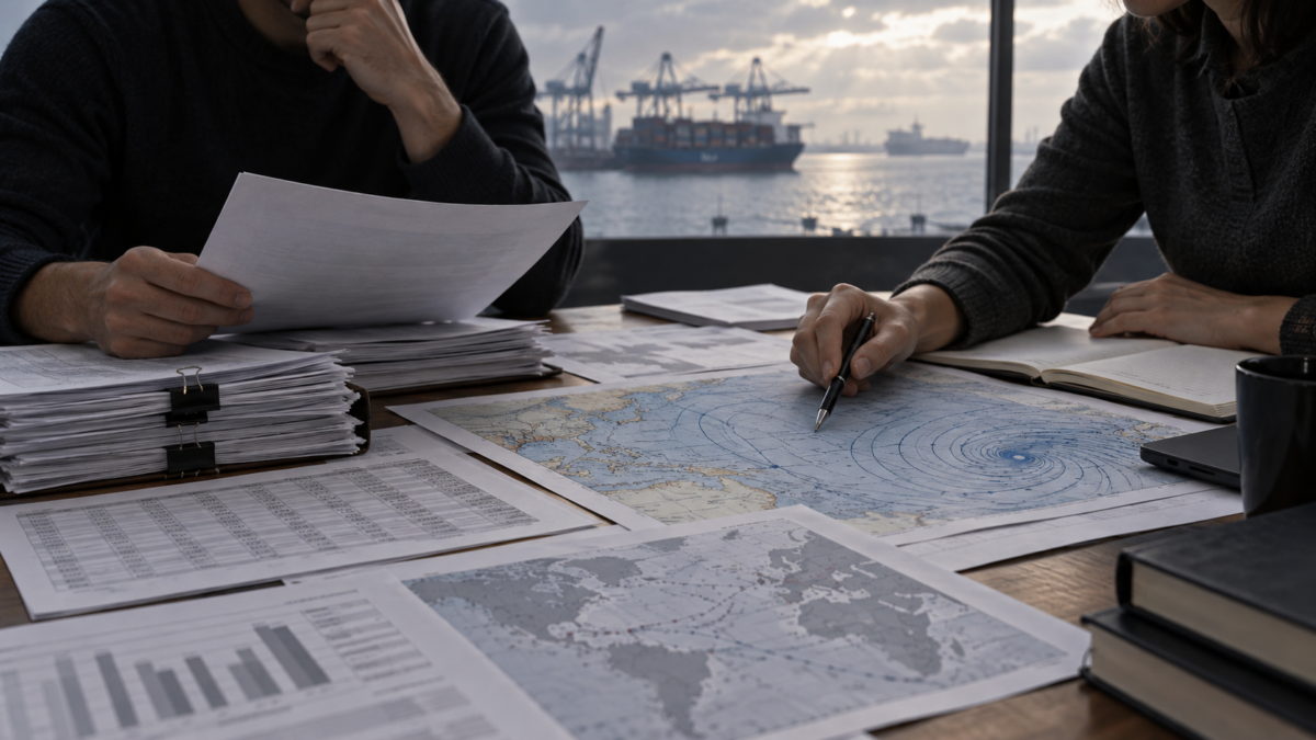 Analistas revisan documentos de comercio y mapas meteorológicos sobre una mesa