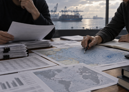Analistas revisan documentos de comercio y mapas meteorológicos sobre una mesa